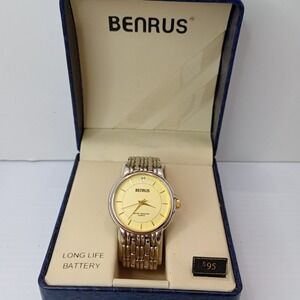 Benrus Men's Quartz Dress Watch Gold Dial 38mm w/ Box Vintage New Battery AS-IS